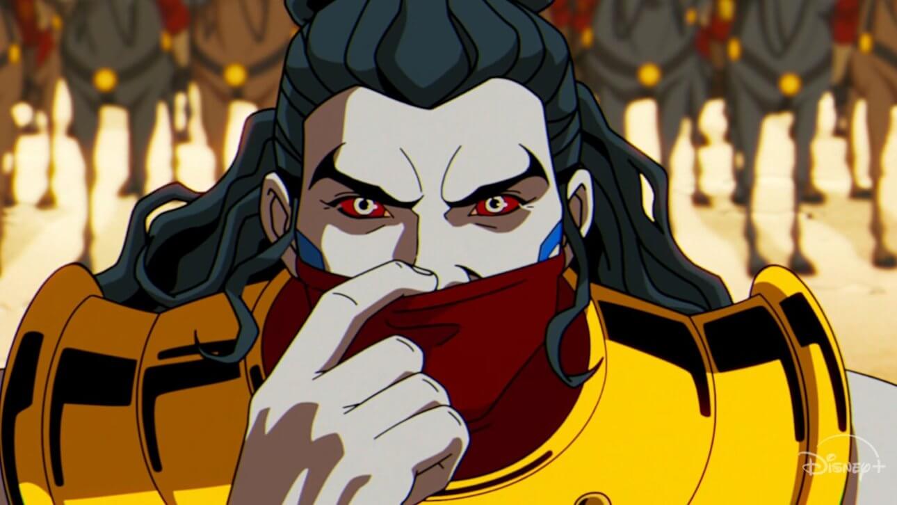 Marvel Animation’s X-Men ‘97 Season 2: eine maskierte Figur mit roten Augen steht vor einer Reiter-Staffel und scheint zu allem bereit.