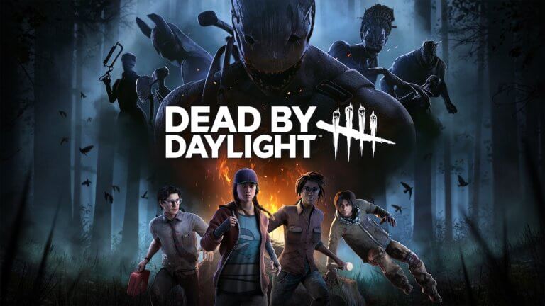 Dead by Daylight: das offizielle Artwork zeigt verschiedene Opfer, die in einem düsteren Wald stehen. Darüber sind die Silhouetten ihrer Verfolger zu sehen. In der Mitte des Bildes ist der Schriftzug „Dead by Daylight“ zu sehen.