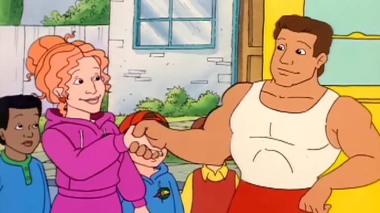 The Magic School Bus: die Lehrerin gibt einem sportlichen Mann die Hand. Im Hintergrund sehen wir ihre Schüler.