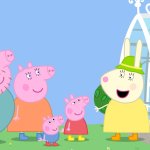 Peppa Wutz macht Experimente mit RIESIGEN Blumen: Peppa Wutz und seine Familie und Freunde stehen vor einem Pavillon im Garten.