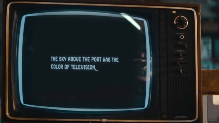 Neuromancer: das Bild zeigt einen alten Röhrenfernseher, auf dem ein Text eingeblendet ist. "The sky above the port was the color of television".