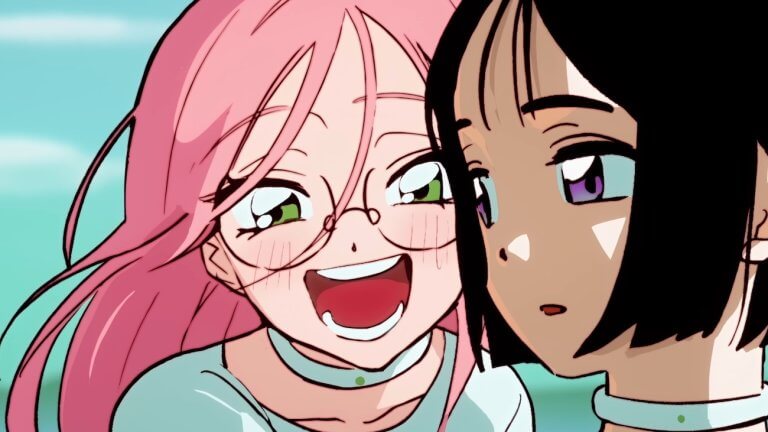 R O U N D 1 ｜ Alien Stage: Hier scheinen sich zwei weibliche Anime-Figuren zu unterhalten. Die eine hat schwarze Haare, die andere pinke Haare und trägt eine Brille.