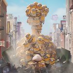 Minions & Monsters: viele kleine Minions bauen sich zu einer Wand auf. Vor ihnen steht eine kleine Person mit Mütze, die offensichtlich versucht, die Minions aufzuhalten.