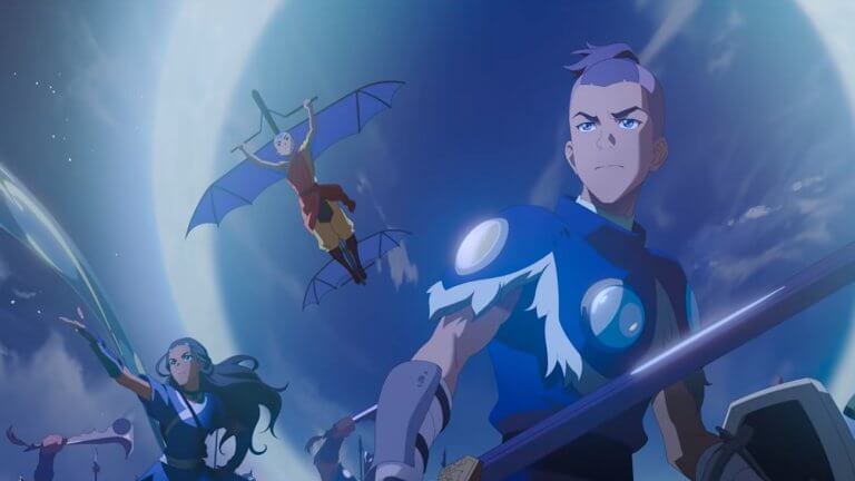 Avatar Aang: The Last Airbender: mehrere Zeichentrick-Figuren stehen in Kämpferpose vor etwas, das wie der Mond aussieht.