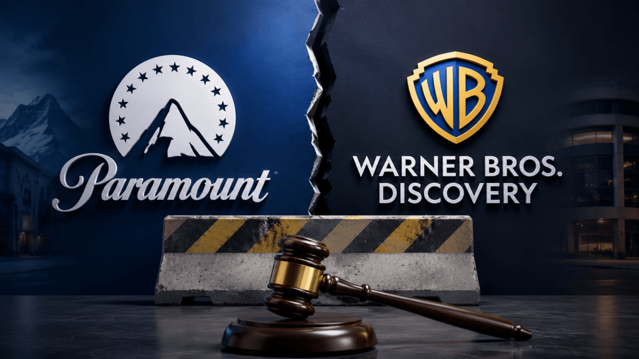 Dieses Bild zeigt die Logos von Paramount und Warner Bros. und darunter den Hammer eines Richters.