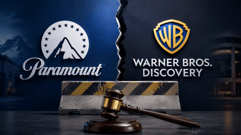 Dieses Bild zeigt die Logos von Paramount und Warner Bros. und darunter den Hammer eines Richters.