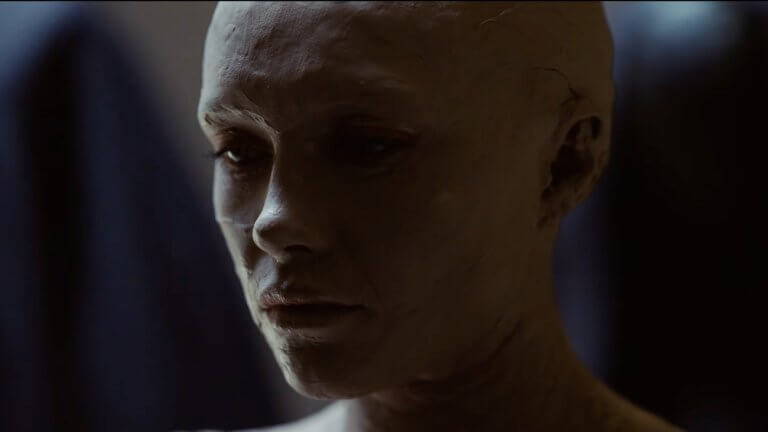 Dune: Part Three: eine Frau mit Glatze und offensichtlichen Hautverletzungen blickt traurig drein.