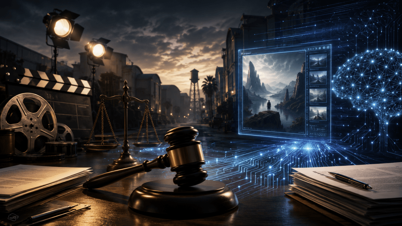 Das Bild zeigt den Hammer eines Richters, der die Justiz symbolisiert, und dahinter die Waage. Es enthält außerdem typische Utensilien, die man auf einem Filmset findet, sowie KI-generierte Bilder auf der rechten Seite.