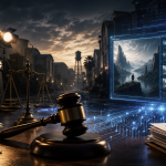 Das Bild zeigt den Hammer eines Richters, der die Justiz symbolisiert, und dahinter die Waage. Es enthält außerdem typische Utensilien, die man auf einem Filmset findet, sowie KI-generierte Bilder auf der rechten Seite.