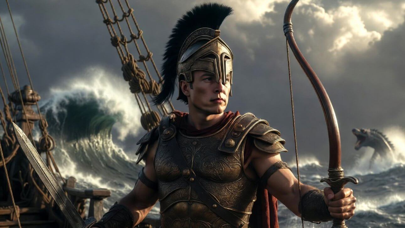 Die Odyssey: Elon Musk als Odysseus mit einem Bogen in der Hand. Im Hintergrund sind das tosende Meer und ein Seeungeheuer zu sehen.