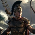 Die Odyssey: Elon Musk als Odysseus mit einem Bogen in der Hand. Im Hintergrund sind das tosende Meer und ein Seeungeheuer zu sehen.