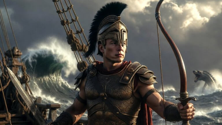 Die Odyssey: Elon Musk als Odysseus mit einem Bogen in der Hand. Im Hintergrund sind das tosende Meer und ein Seeungeheuer zu sehen.