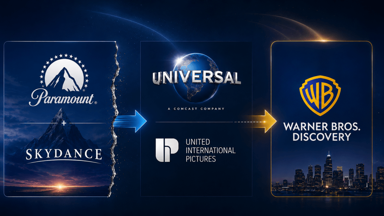 Das Bild zeigt die Logos von Paramount, von United International Pictures, von Universal Pictures und von Warner Bros Discovery.