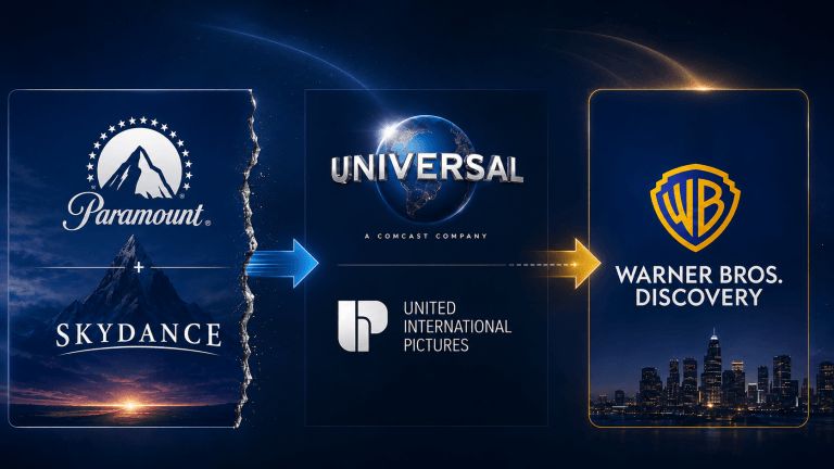 Das Bild zeigt die Logos von Paramount, von United International Pictures, von Universal Pictures und von Warner Bros Discovery.