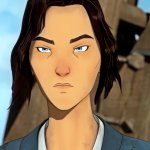 Mizu blickt ernst in die Ferne. Ihre blauen Augen strahlen, Im Hintergrund sind eine Person und Teile eines Schiffs zu sehen.