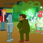 Der Hauptcast von Futurama steht versammelt in der Planet Express Zentrale, während Professor Farnsworth eine Maschine aktiviert.