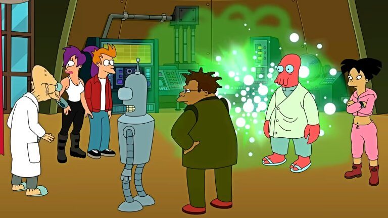 Der Hauptcast von Futurama steht versammelt in der Planet Express Zentrale, während Professor Farnsworth eine Maschine aktiviert.