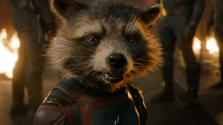 Der modifizierte Waschbär Rocket Raccoon blickt entschlossen in Richtung Kamera. Hinter ihm stehen drei Personen und es brennen einige Feuer.
