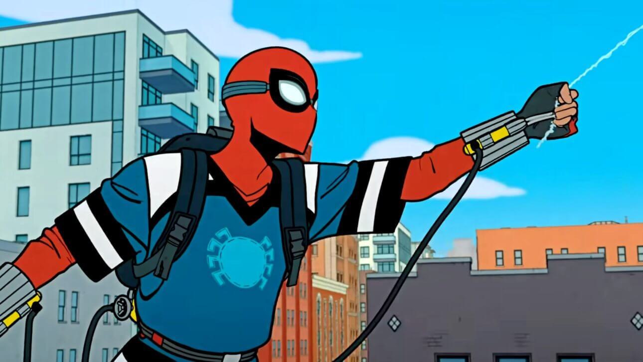 Peter Parker schwingt als Spider-Man in einem selbstgemachten Anzug durch eine Stadt. Dabei wirkt sein Kostüm sehr experimentell und wie ein Prototyp.