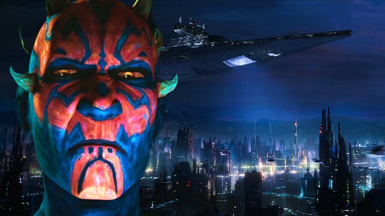Das grimmige Gesicht von Maul trohnt vor einer Stadtlandschaft bei Nacht. Über der Stadt schwebt bedrohlich ein Sternenzerstörer.