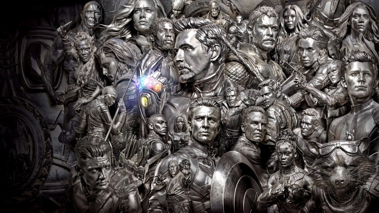 Das neue Poster von "Avengers: Endgame Encore" zeigt die großen Helden Marvels als verchromte Statuen. Lediglich die Infinity-Steine an Tony Starks Hand leuchten in ihren Farben.